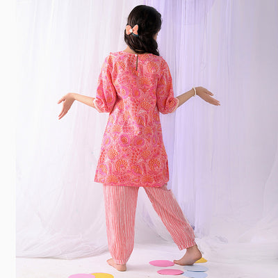 Cotton Kurta Set for Girls | Floral Print | Peach