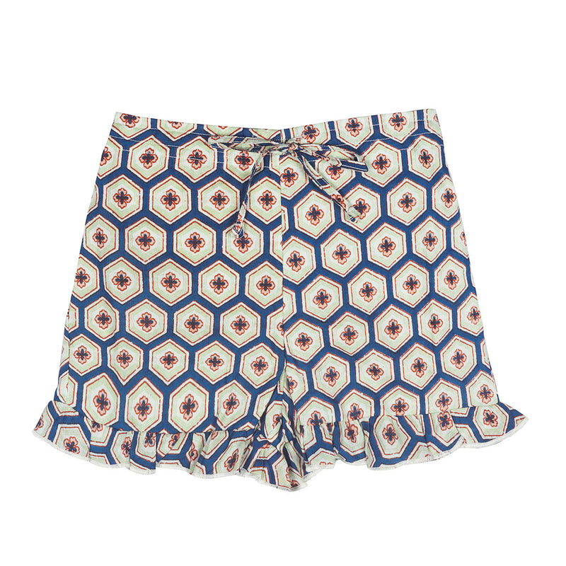 Pure Cotton Ruffled Printed Shorts | Indigo