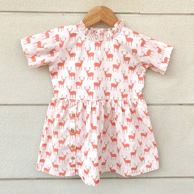 Cotton Dress For Girl | Deer Print | White & Pink