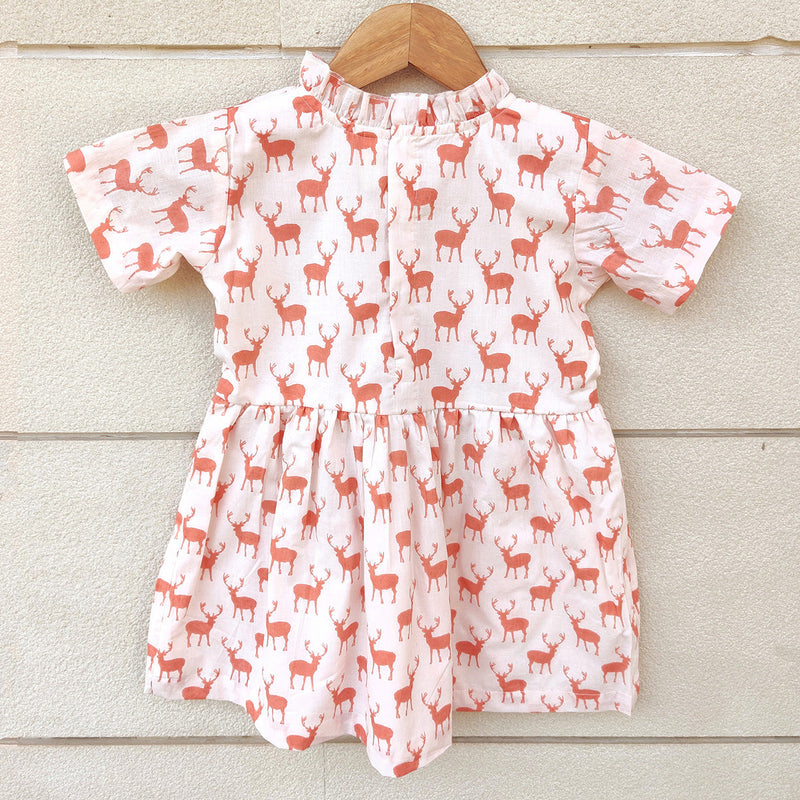 Cotton Dress For Girl | Deer Print | White & Pink