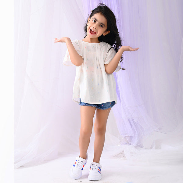 Cotton Top for Girl | Motif Pattern | White