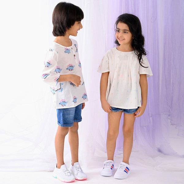 Cotton Top for Girl | Motif Pattern | White