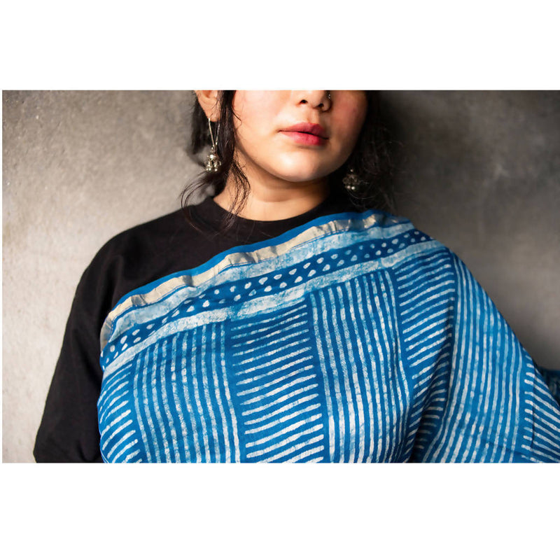 Festive Wear | Natural Dyed Blue Dabu Printed Chanderi Saree