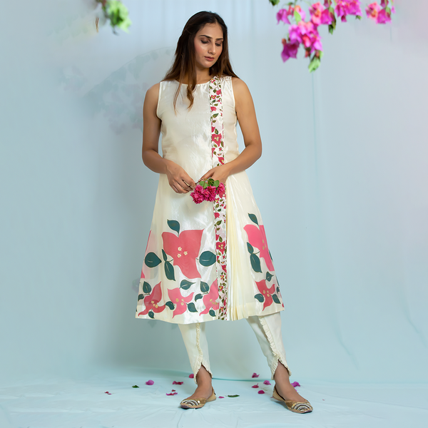 Silk Printed Kurta with Dhoti Pants | Off-White