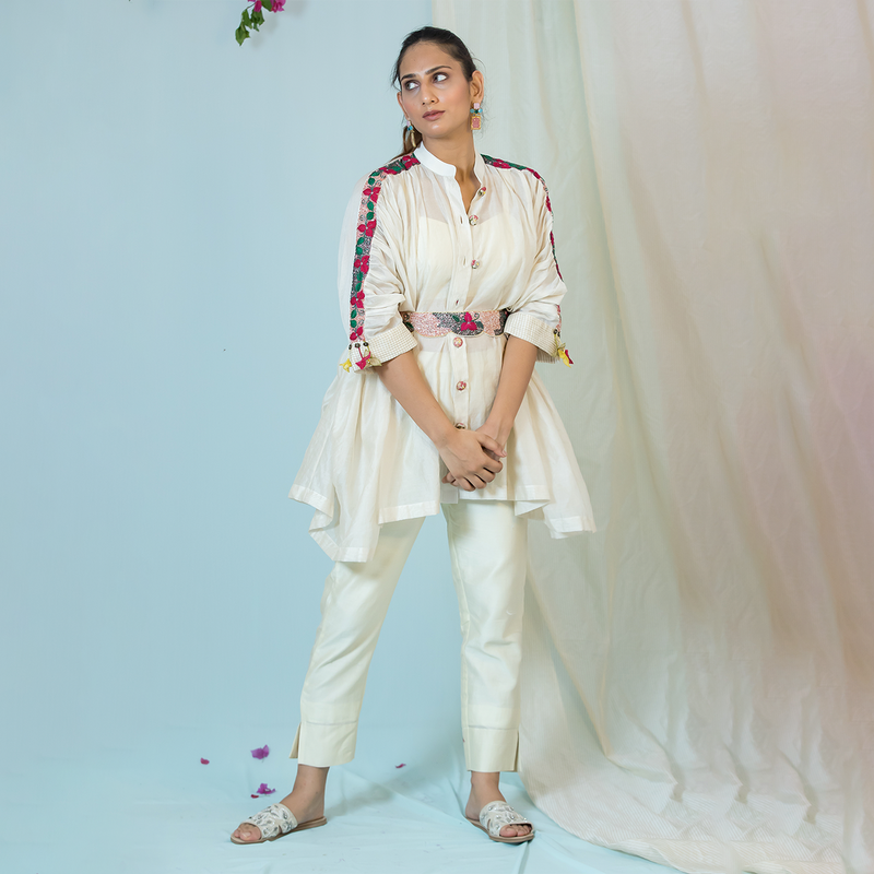 Chanderi Silk Kaftan Shirt | Embroidered | Off White