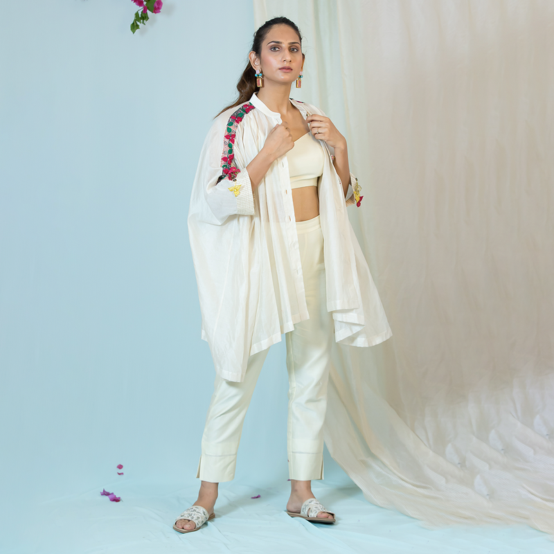 Chanderi Silk Kaftan Shirt | Embroidered | Off White