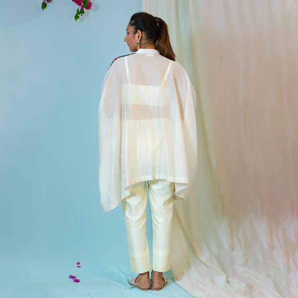 Chanderi Silk Kaftan Shirt | Embroidered | Off White