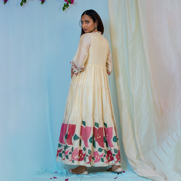 Chanderi Silk Tiered Skirt Dress | 3D Embroidered | Off White