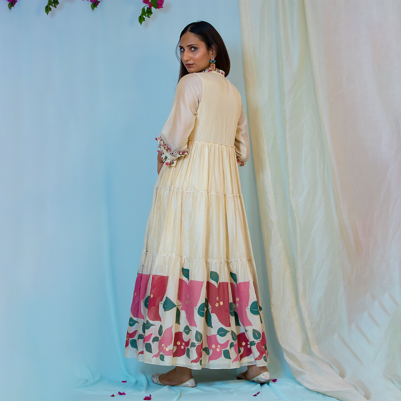 Chanderi Silk Tiered Skirt Dress | 3D Embroidered | Off White