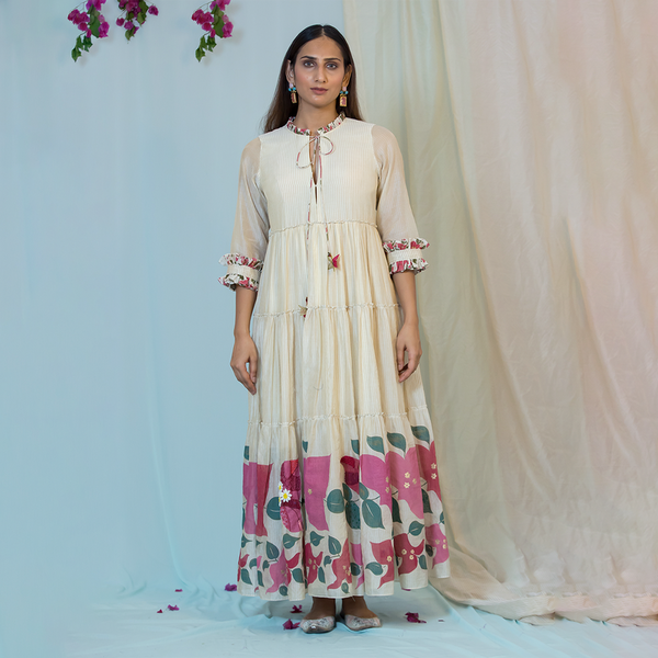 Chanderi Silk Tiered Skirt Dress | 3D Embroidered | Off White