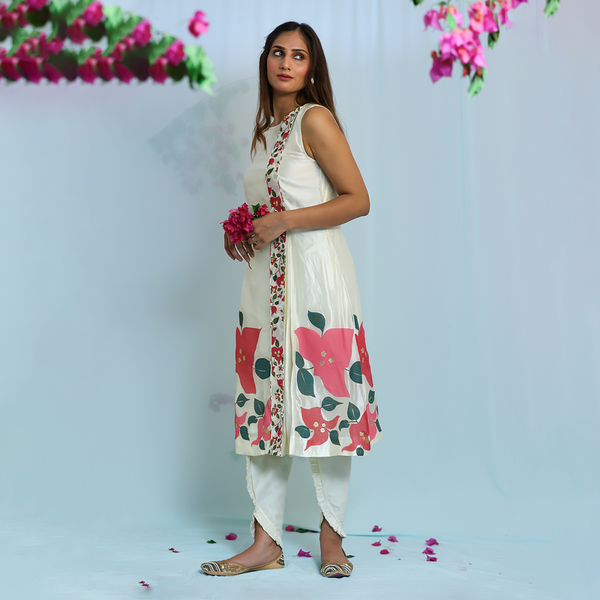 Silk Printed Kurta with Dhoti Pants | Off-White