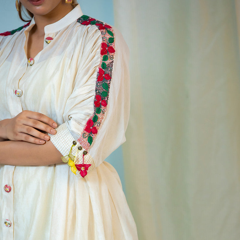 Chanderi Silk Kaftan Shirt | Embroidered | Off White