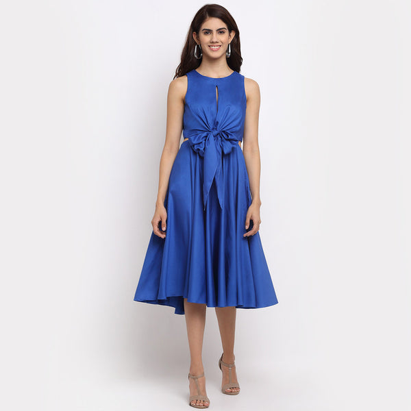 Tencel Tie-Up Skater Dress | Blue