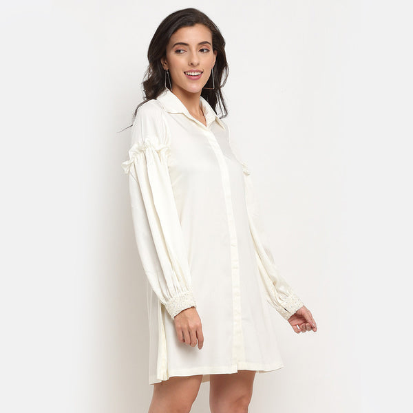 Tencel Embroidered Cuff Shirt Dress | Off White