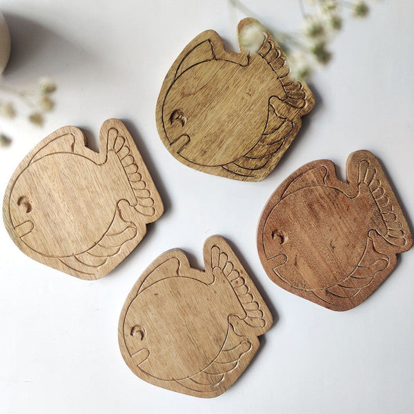 Wooden Coasters | Mango Wood | Fish Shaped | Brown | Set of 4