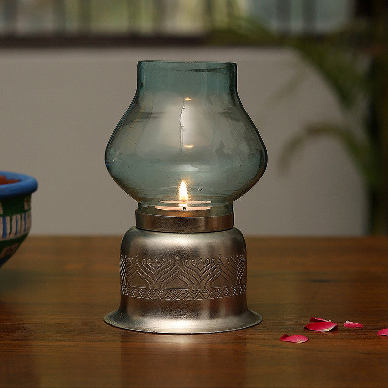 Silver Plated Candle Base With Glass Chimney | Blue