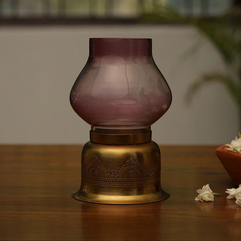 Housewarming Gifts | Brass Candle Holder Lamp | Tea Light Lantern | Gold & Purple