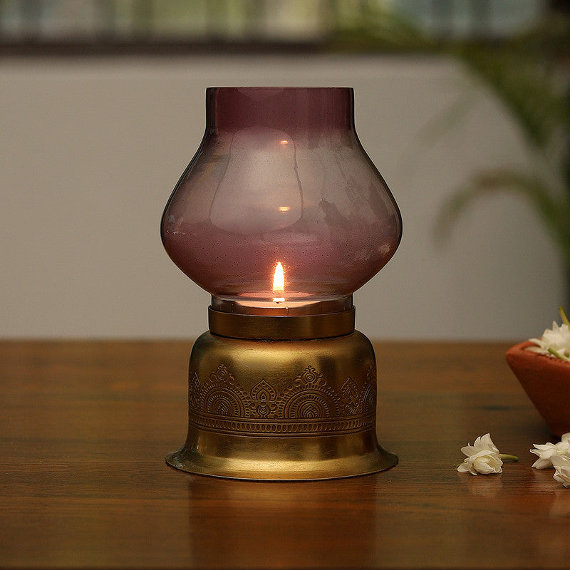 Housewarming Gifts | Brass Candle Holder Lamp | Tea Light Lantern | Gold & Purple