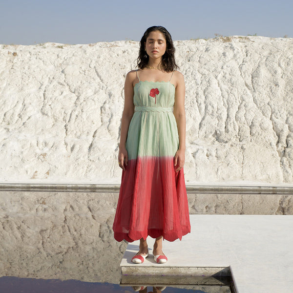 Chanderi Silk A-Line Dress | Hand Embroidered | Mint Green & Red