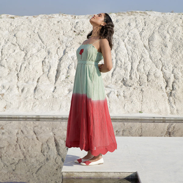 Chanderi Silk A-Line Dress | Hand Embroidered | Mint Green & Red