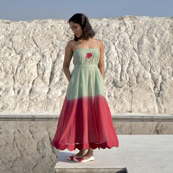 Chanderi Silk A-Line Dress | Hand Embroidered | Mint Green & Red