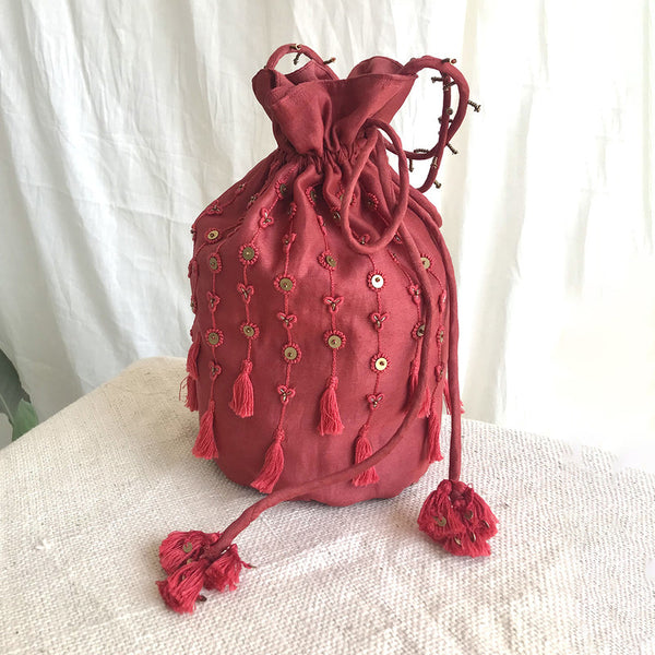 Chanderi Silk Potli Bag | Embroidered | Red