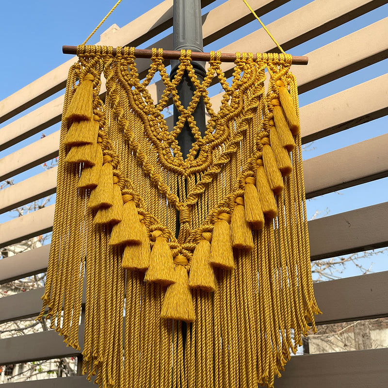 Macrame Wall Hanging With Tassels | Cotton | Yellow | 26x16 inches