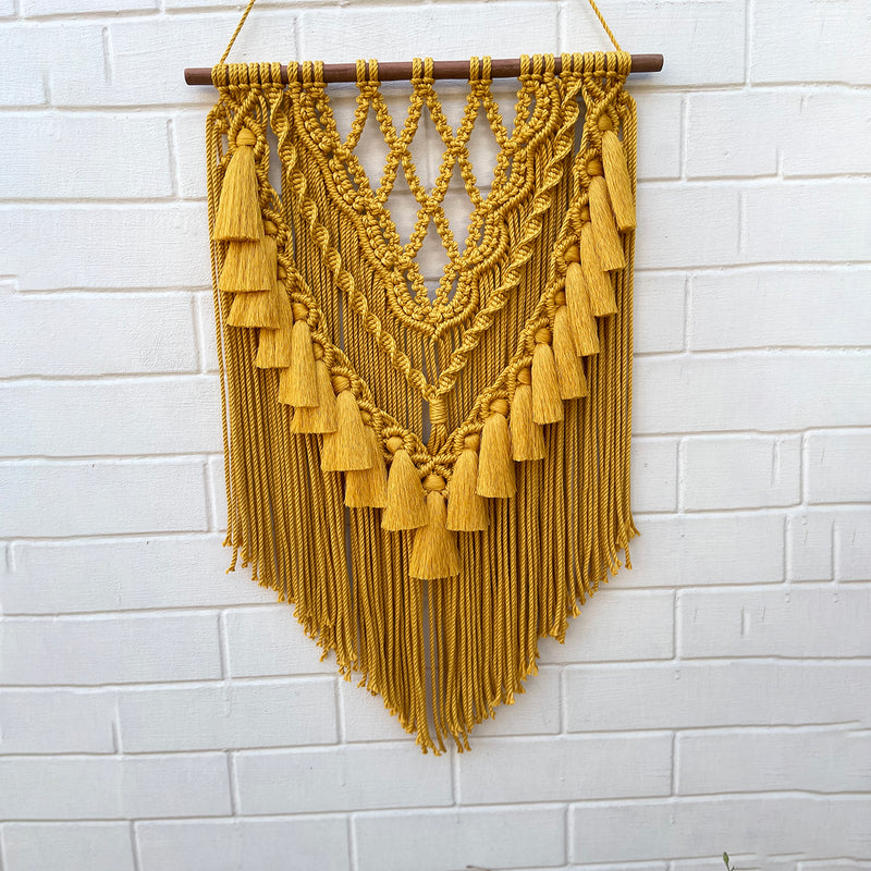 Macrame Wall Hanging With Tassels | Cotton | Yellow | 26x16 inches