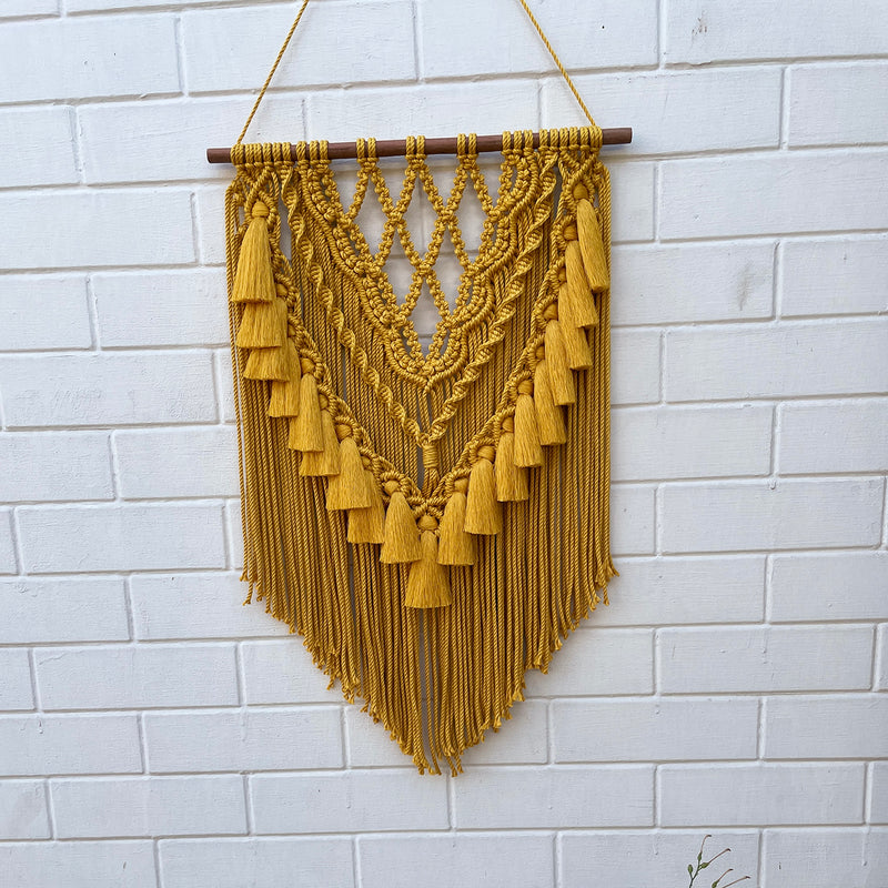 Macrame Wall Hanging With Tassels | Cotton | Yellow | 26x16 inches