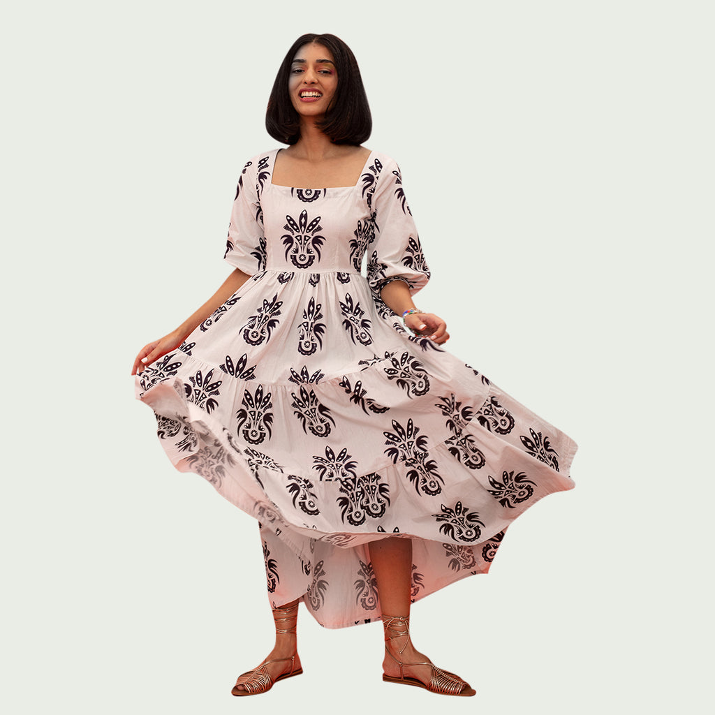 100% Cotton Light Grey Printed Maxi Dress