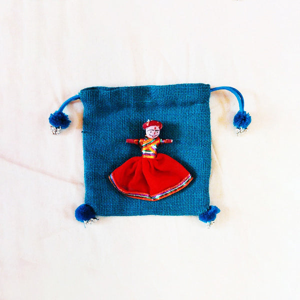 Cotton & Jute Mini Potli Bag | Blue