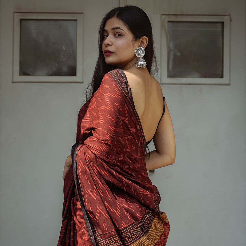 Festive Wear | Bagru Printed Chanderi Maroon Saree