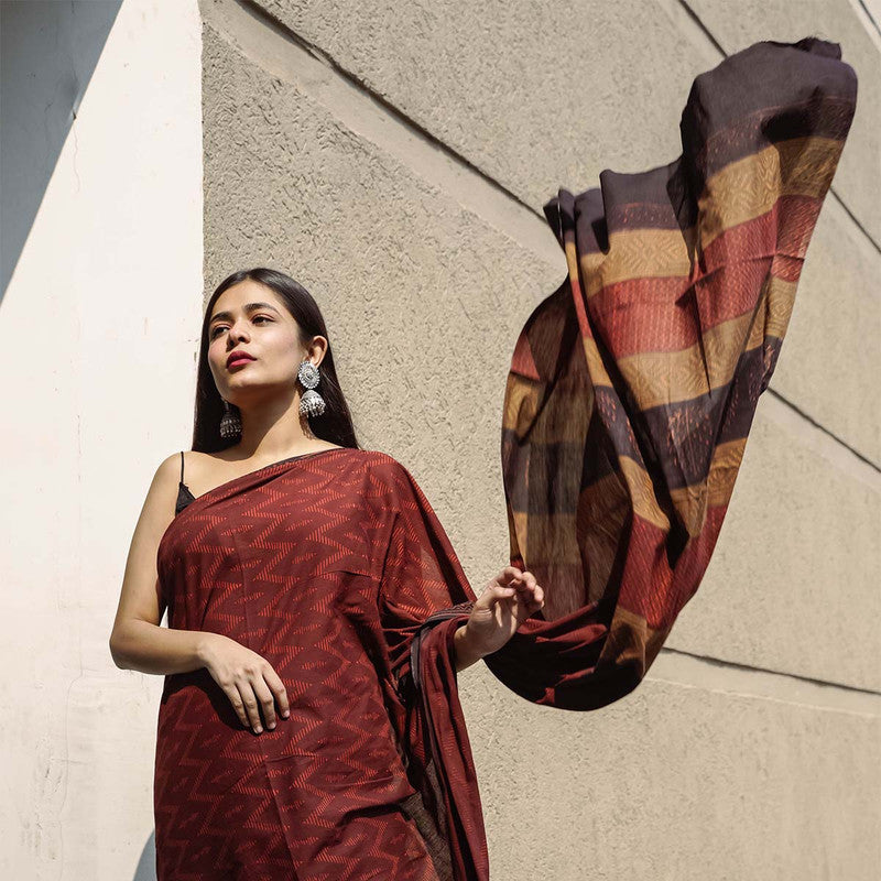 Festive Wear | Bagru Printed Chanderi Maroon Saree