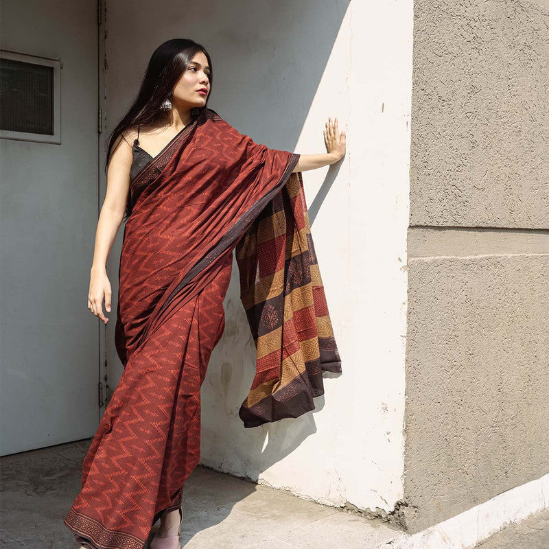 Bagru Printed Chanderi Maroon Saree