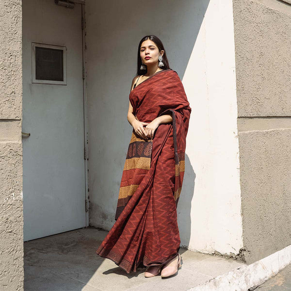 Festive Wear | Bagru Printed Chanderi Maroon Saree