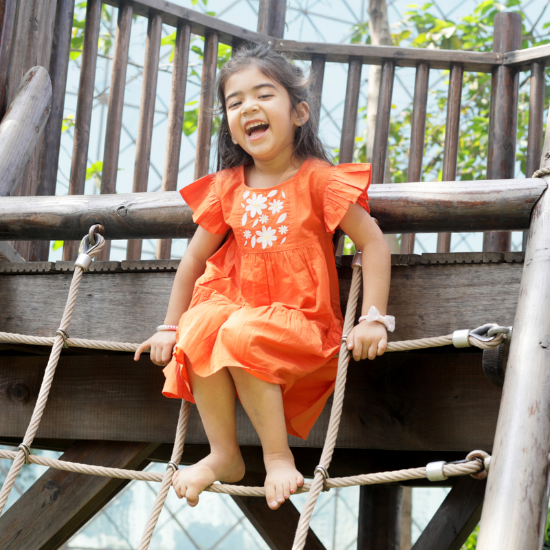 Organic Cotton Dress for Girls | Embroidered | Orange