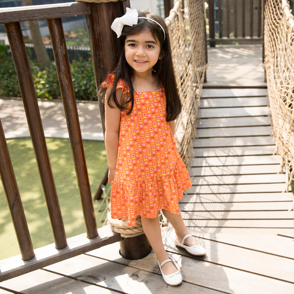 Organic Cotton Dress for Girls | Printed | Orange