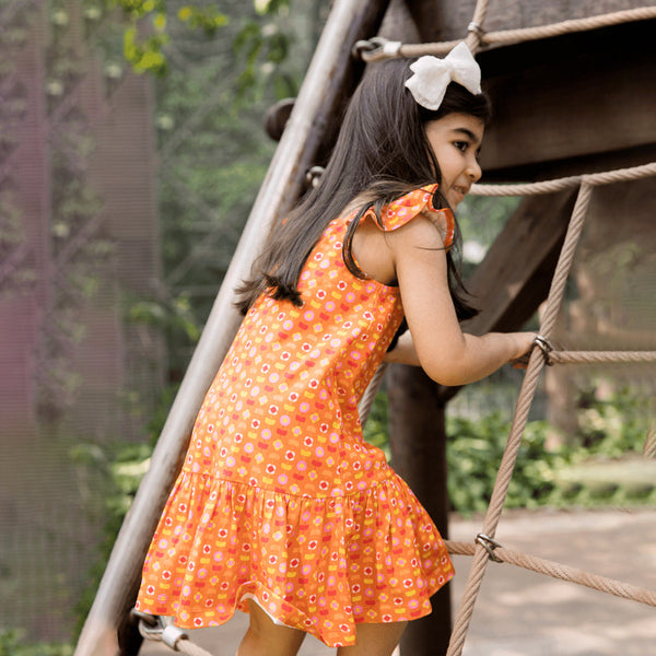 Organic Cotton Dress for Girls | Printed | Orange