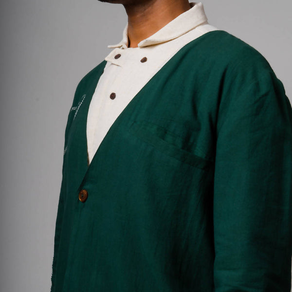 Handcrafted Pure Cotton V-neck Jacket | Green