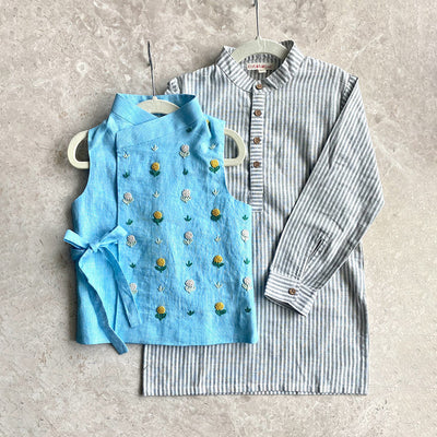 Cotton Kurta and Jacket Set for Boys | Blue & Grey