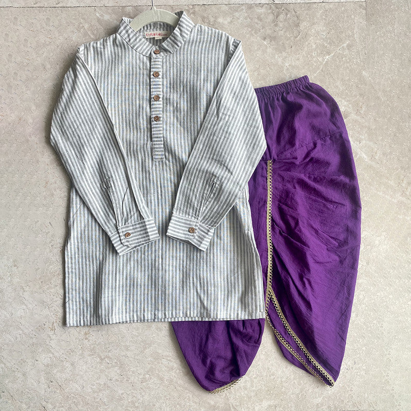 Cotton Dhoti Kurta Set for Boys | Grey & Purple