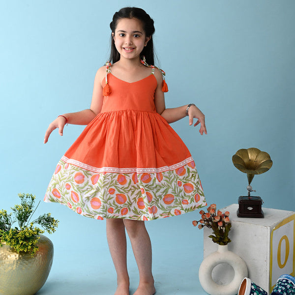 Birthday Dress | Cotton Dress for Kids | Orange & White