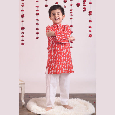 Cotton Kurta Pajama Set for Kids | Red.