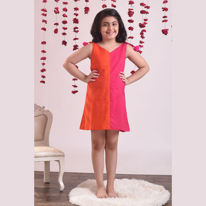 Birthday Dress | Cotton Tie-up Dress for Kids | Orange & Pink