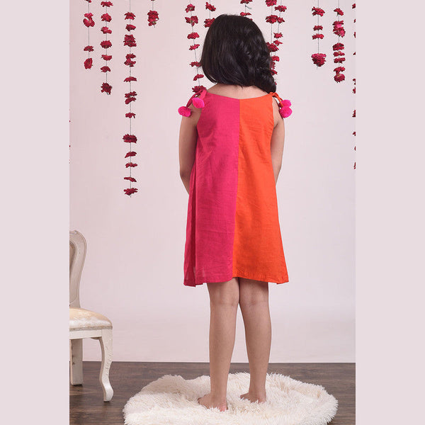 Birthday Dress | Cotton Tie-up Dress for Kids | Orange & Pink