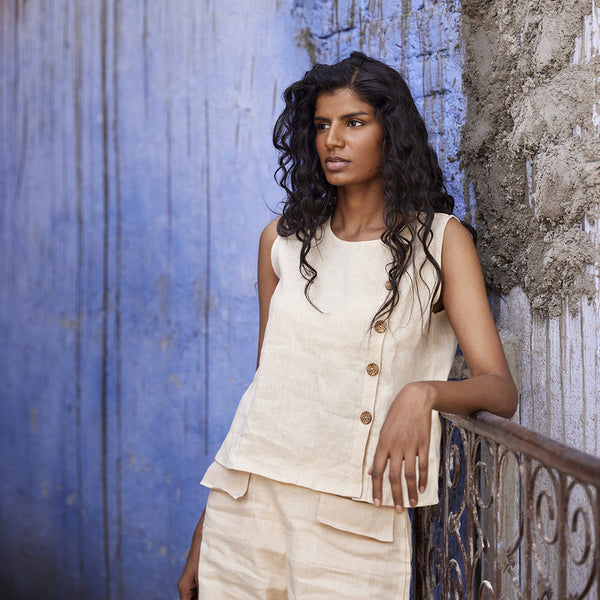 Pure Linen Top | Sleeveless Top | Beige