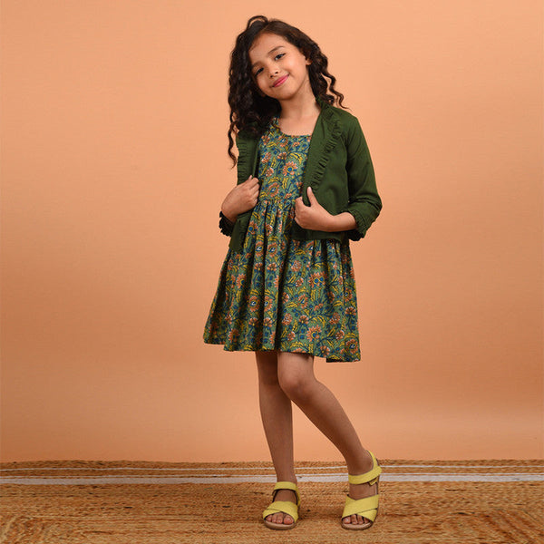 Birthday Dress for Girls | Cotton Dress with Shrug | Green