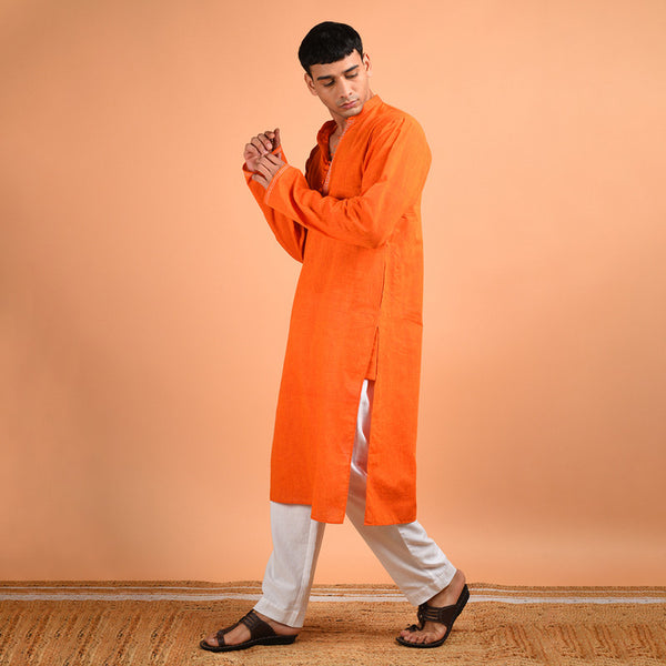 Cotton Hand Embroidered Kurta | Orange