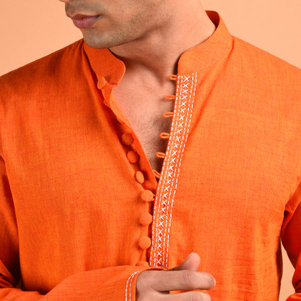 Cotton Hand Embroidered Kurta | Orange