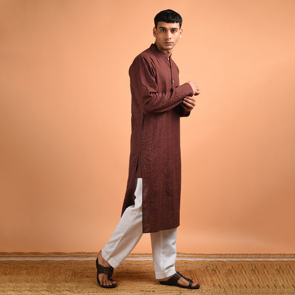 Cotton Kantha Weave Kurta | Brown